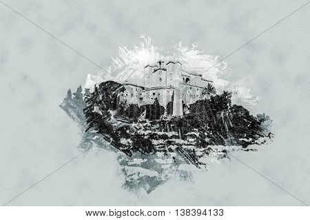 Pilgrimage church of Sant Salvador on green hill in Arta village, Mallorca island, Spain. Modern painting, background illustration.