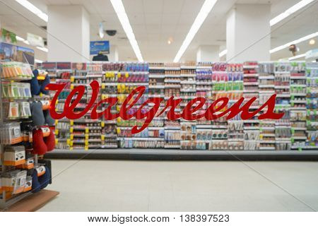 CHICAGO, IL - CIRCA MARCH, 2016: Walgreens store in the nighttime. The Walgreen Company is an American pharmaceutical company which operates the second-largest chain in the USA behind CVS Health.