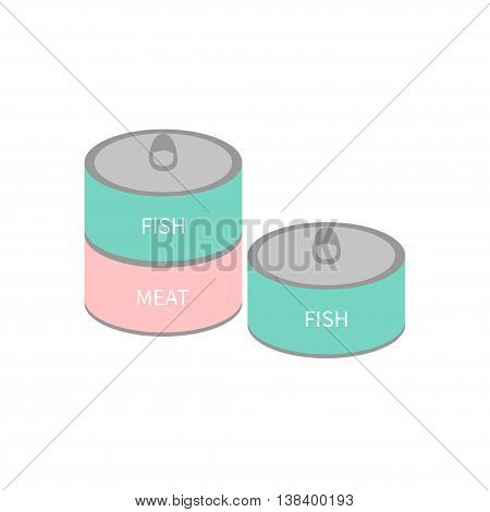 Pet cat dog food tin can with ring. Wet cat eating set. Fish and meat can. Flat design. White background. Isolated. Blue and pink color. Vector illustration