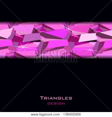 Pink abstract geometric triangles stripe on black background. Horizontal ruby diamond crystal border for girl party banner design. Vector illustration - stock vector.