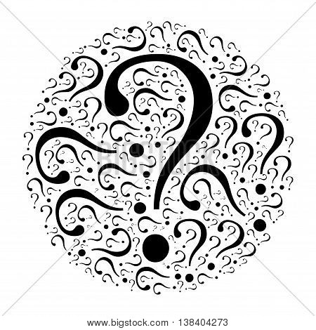 Circle mocaic of question marks. Black vector illustration on white background. Quiz theme.