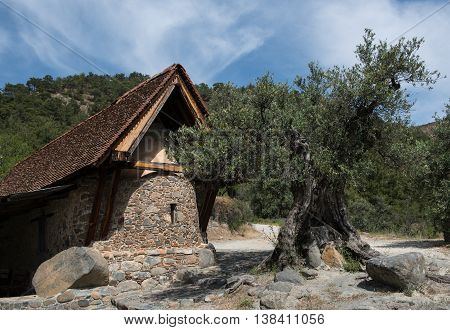 Holy Ancient orthodox Christian church of Aaint Agia Paraskevi at mountain village of Askas in Cyprus.