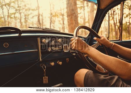 Vintage Car Volkswagen Retro Blue Color In Forest Leaves Brown