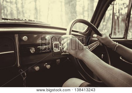 Vintage Car Volkswagen Retro Blue Color In Forest Leaves Brown