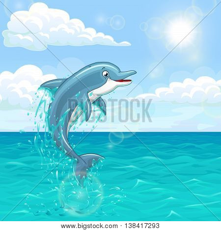 The dolphin who is jumping out of sea water of the ocean in splashes against the blue sky and the sun. Landscape of summer mood. Vector illustration.