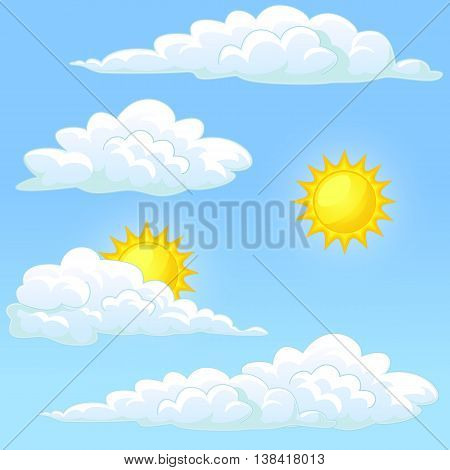 Weather set white clouds and the yellow sun on a blue background. Vector cartoon illustration.