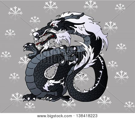 Strong black water Asian chinese dragon on snowflakes grey background