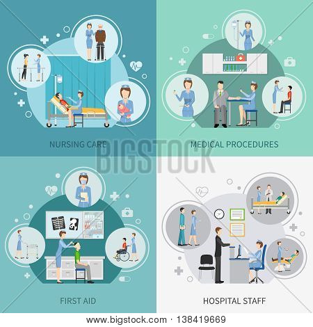 Nurse health care 2x2 design concept set of hospital staff providing first aid and performing medical procedures flat vector illustration