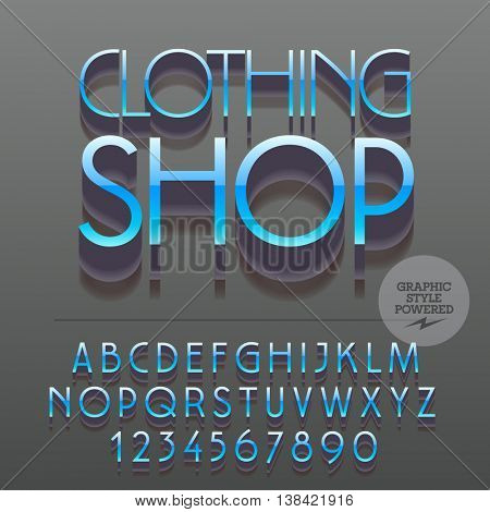 Set of glossy metallic alphabet letters, numbers and punctuation symbols. Vector reflective logo with text Clothing shop. File contains graphic styles