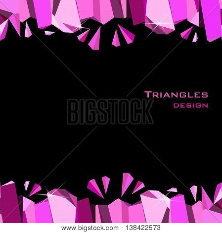 Pink horizontal frame on black background. Seamless border with ruby diamond crystal triangles. Abstract geometric girl design. Vector illustration - stock vector.