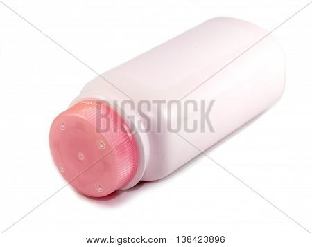 Talcum powder bottle with pink cap on white background