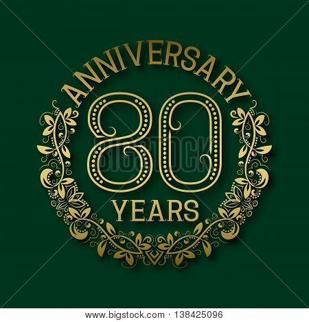 Golden emblem of eightieth years anniversary. Celebration patterned logotype with shadow on green.