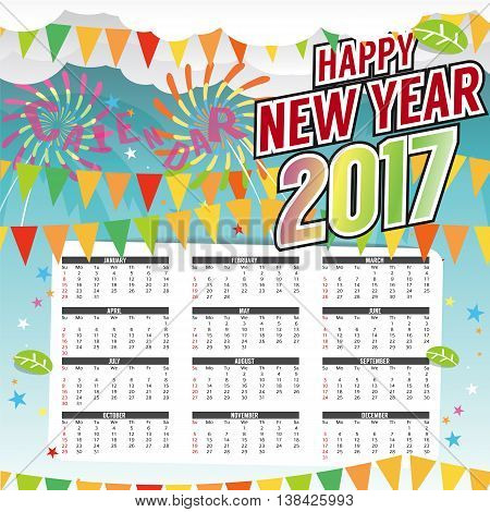 Happy New Year 2017 Printable Calendar Starts Sunday Vector Illustration. EPS 10