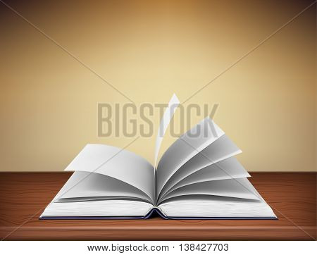 open book lying on a wooden table , vector illustration.