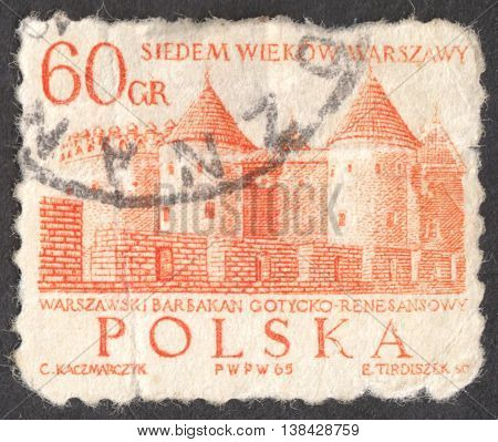 MOSCOW RUSSIA - CIRCA JANUARY 2016: a post stamp printed in POLAND shows the the Barbican Gothic-Renaissance castle the series "Warsaw - 7 Centuries. The 700th Anniversary of Warsaw" circa 1965