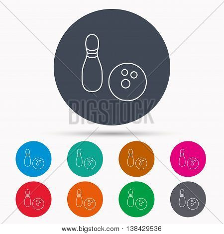 Bowling icon. Skittle or pin with ball sign. Competition sport symbol. Icons in colour circle buttons. Vector