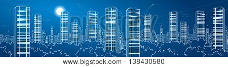 Night city mega panorama. Skyscrapers, white lines, urban skyline, neon town, business building, vector design art