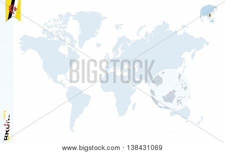 Blue World Map With Magnifying On Brunei.