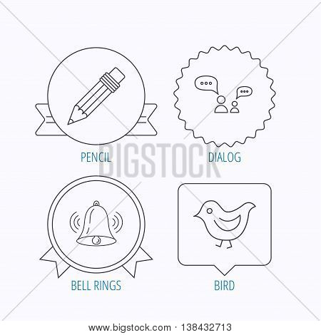 Dialogue, pencil and bird icons. Bell rings linear sign. Award medal, star label and speech bubble designs. Vector