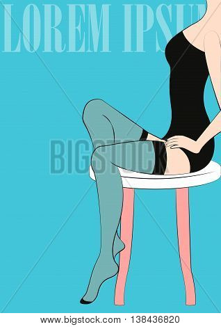Female legs in stockings Vector illustration Girl with long slim legs sitting on stool in dark stockings Poster retro style