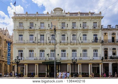 HAVANA, CUBA - MARCH 17, 2016: The historical Hotel Inglaterra near Central Park in Havana the capital of Cuba