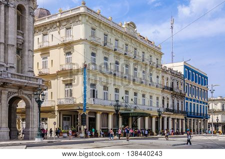 HAVANA, CUBA - MARCH 17, 2016: The historic Hotel Inglaterra near Central Park in Havana the capital of Cuba