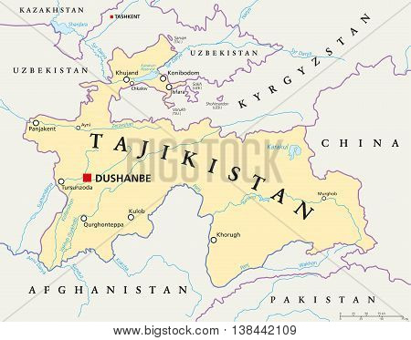 Tajikistan political map with capital Dushanbe, national borders, important cities, rivers and lakes. Republic and landlocked country in Central Asia with two small exclaves. English labeling.