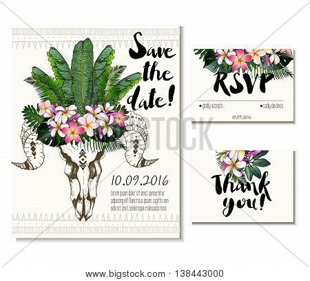 Vector wedding card set in trendy boho style. Skull wearing exotic flower and palm leaves crown. Includes save the date rsvp and thank you cards templates.