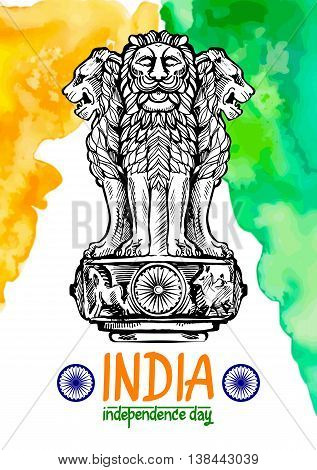 Lion capital of Ashoka in Indian flag color. Emblem of India. Watercolor texture backdrop.