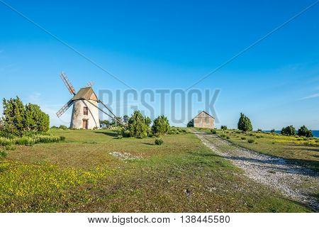 Old windmill on Baltic sea island Gotland during summer in Sweden
