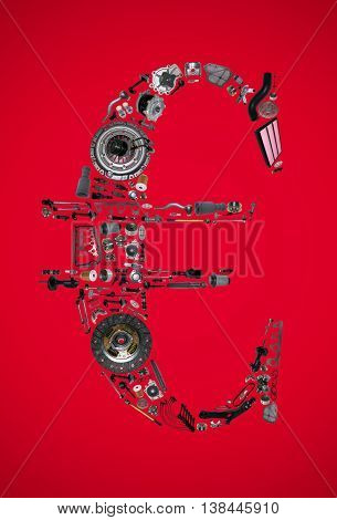 Euro money with auto parts for car. Spare parts for car for shop, aftermarket OEM. Euro icon. Many auto parts isolated in money euro