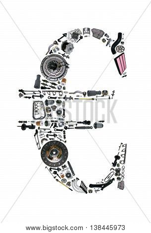 Euro money with auto parts for car. Spare parts for car for shop, aftermarket OEM. Euro icon. Many auto parts isolated in money euro