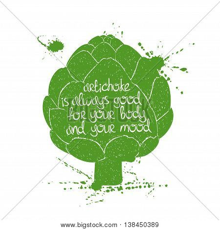 Hand drawn illustration of isolated green artichoke silhouette on a white background. Typography poster with creative poetic quote inside - artichoke is always good for your body and your mood.