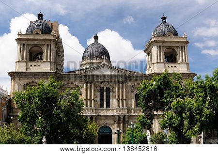 South America La Paz - the governmental capital of Bolivia. Cityscape - Plaza Murillo - Cathedral