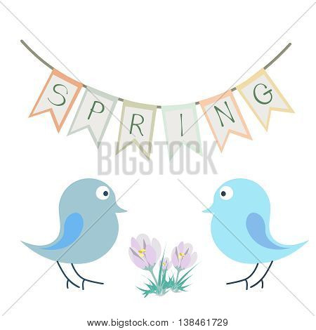 Vector image with cute birds and crocuses