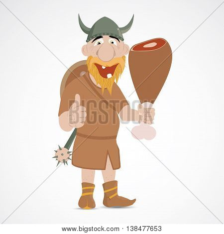Funny cartoon viking holding pork leg with bone