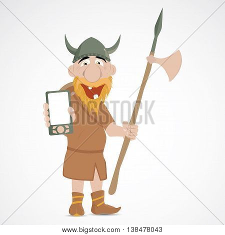 Funny cartoon viking with axe and mobile telephone
