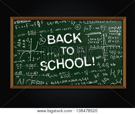 The illustration of beautiful green scientific background with handwriting typography. Algebraic class blackboard. Vector fully scalable image with typography handwritten text. Back to School concept.