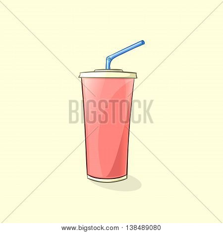 Beverage plastic cup with straw in cartoon style. Vector illustration