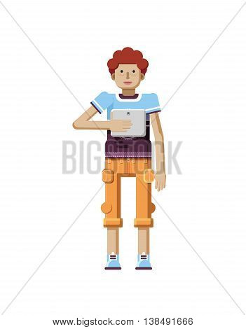 Stock vector illustration isolated of European redhead man with freckles in short orange pants, man with laptop in hand, man looking into screen of eBook, T-shirt in flat style on white background