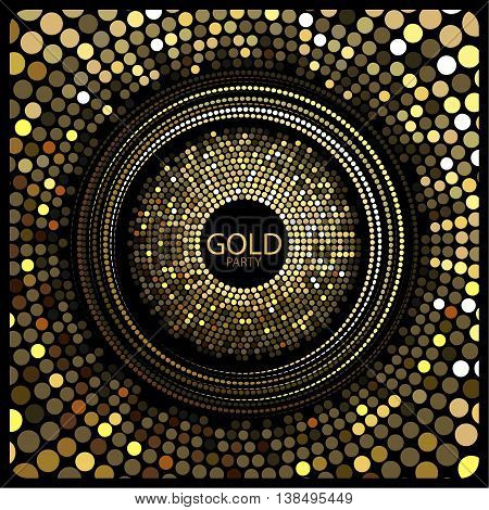 Vector. The depicted circles of different colors mimicking the effect of the glitter. Can be used as cover for greeting cards or as invitations to a disco party.The phrase gold party can be replaced.