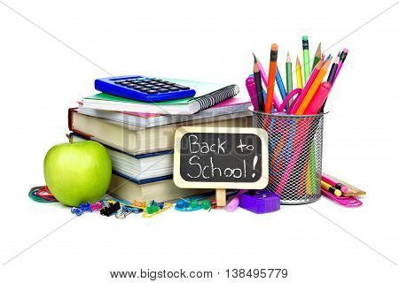 Back To School Chalkboard Tag With Group Of School Supplies Over A White Background
