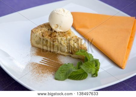 Apple pie dessert decorated with vanilla, mint and cinnamon .