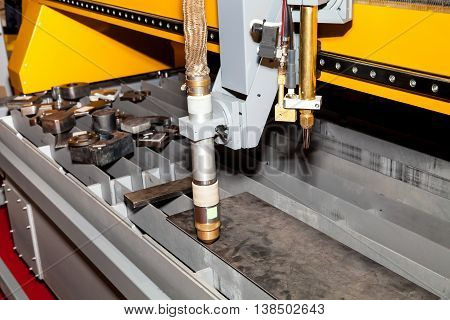 Machine for constant metal laser cutting, metal processing close up
