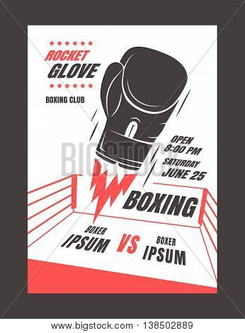 Boxing championship poster template design. Glove rocket. Powerful punch. Vector illustration