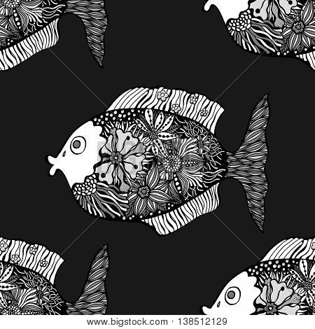 Seamless background of abstract fish: pipefish and small fish, plants, hand drawn . Black and white vector illustration.