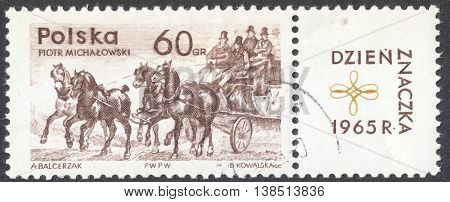MOSCOW RUSSIA - CIRCA JANUARY 2016: a post stamp printed in POLAND shows a stage mail coach the series 