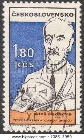 MOSCOW RUSSIA - CIRCA FEBRUARY 2016: a post stamp printed in CZECHOSLOVAKIA shows a portrait of A. Hrdlicka the series 