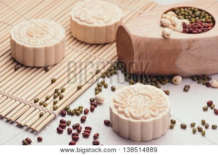 Snowy skin mooncakes. Chinese mid autumn festival raditional foods. mooncakes.