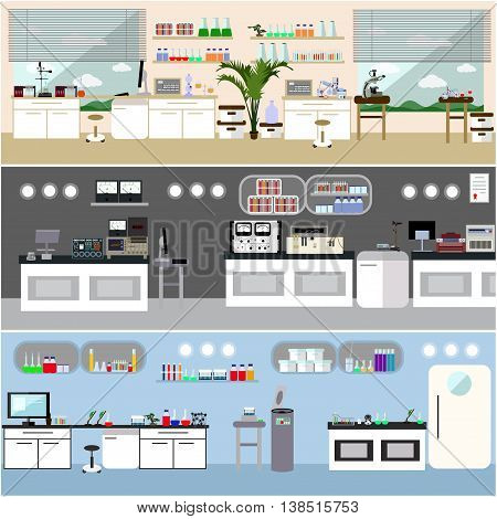 Laboratory vector illustration. Science lab interior. Biology, Physics and Chemistry education concept. Scientific equipment and tools.